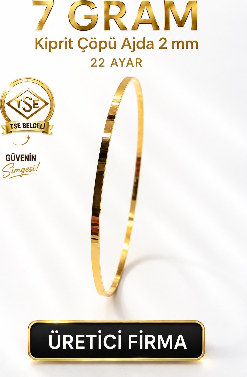 Aks Gold 22 Ayar TSE Belgeli (7 GRAM) 2 mm Kibrit Çöpü Ajda Altın Bilezik Gold Düğün