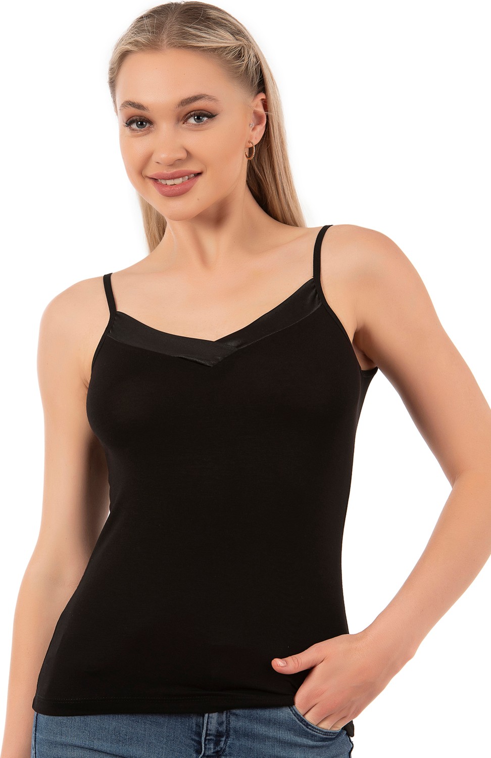 Özkan Underwear Özkan 2040 3'lü Paket Kadın Viskon Siyah Beyaz Taş Saten Yakalı Karışık Renk Atlet Esnek Rahat Ince Askılı Atlet