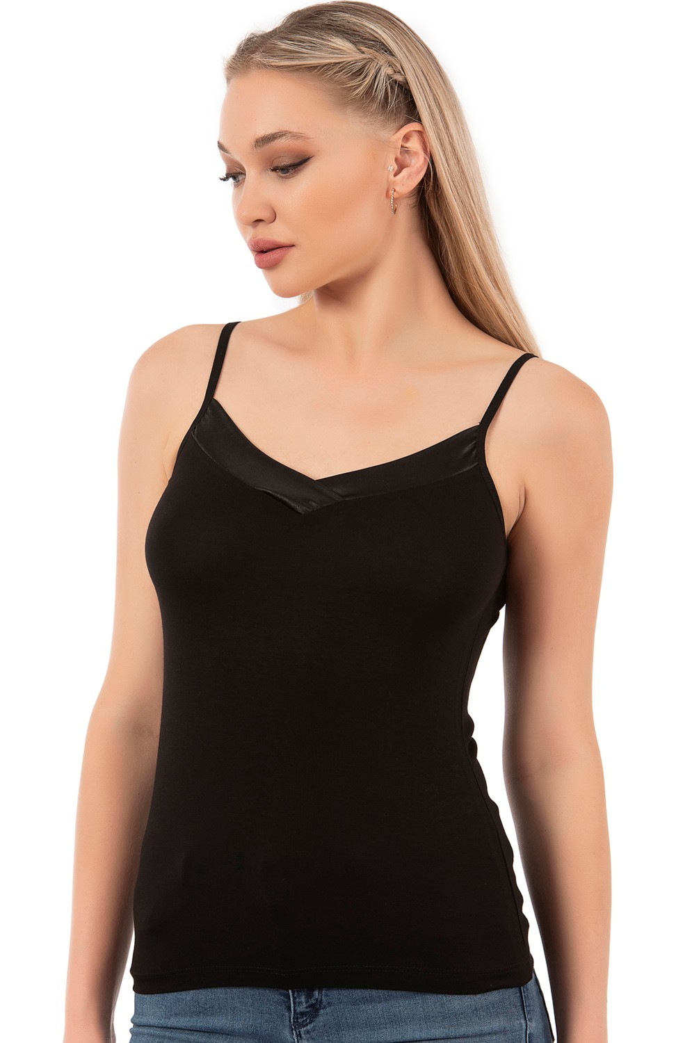 Özkan Underwear Özkan 2040 3'lü Paket Kadın Viskon Siyah Beyaz Taş Saten Yakalı Karışık Renk Atlet Esnek Rahat Ince Askılı Atlet görsel 6