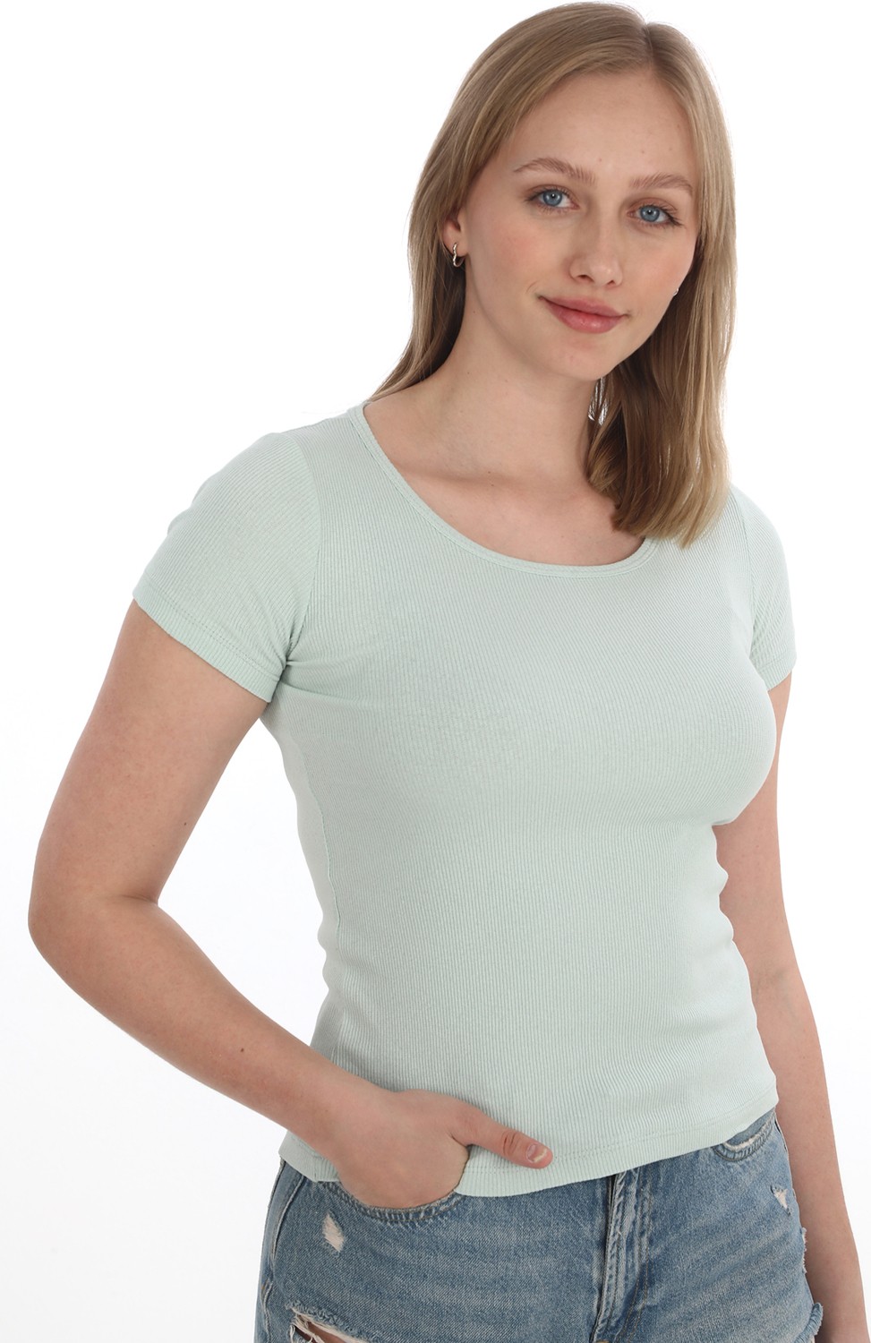 Monox Kadın Fitilli Likralı Pamuk Basic Tshirt