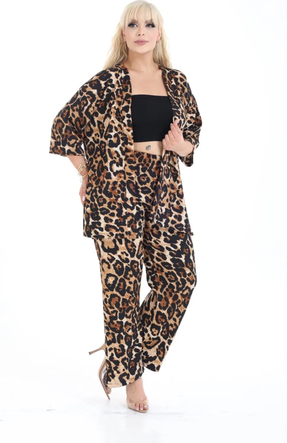 Şuranur Leopar Kimono Hırkalı 2li Alt Üst Takım Bürümcük Kumaş Yazlık 2xl-6xl Oversize