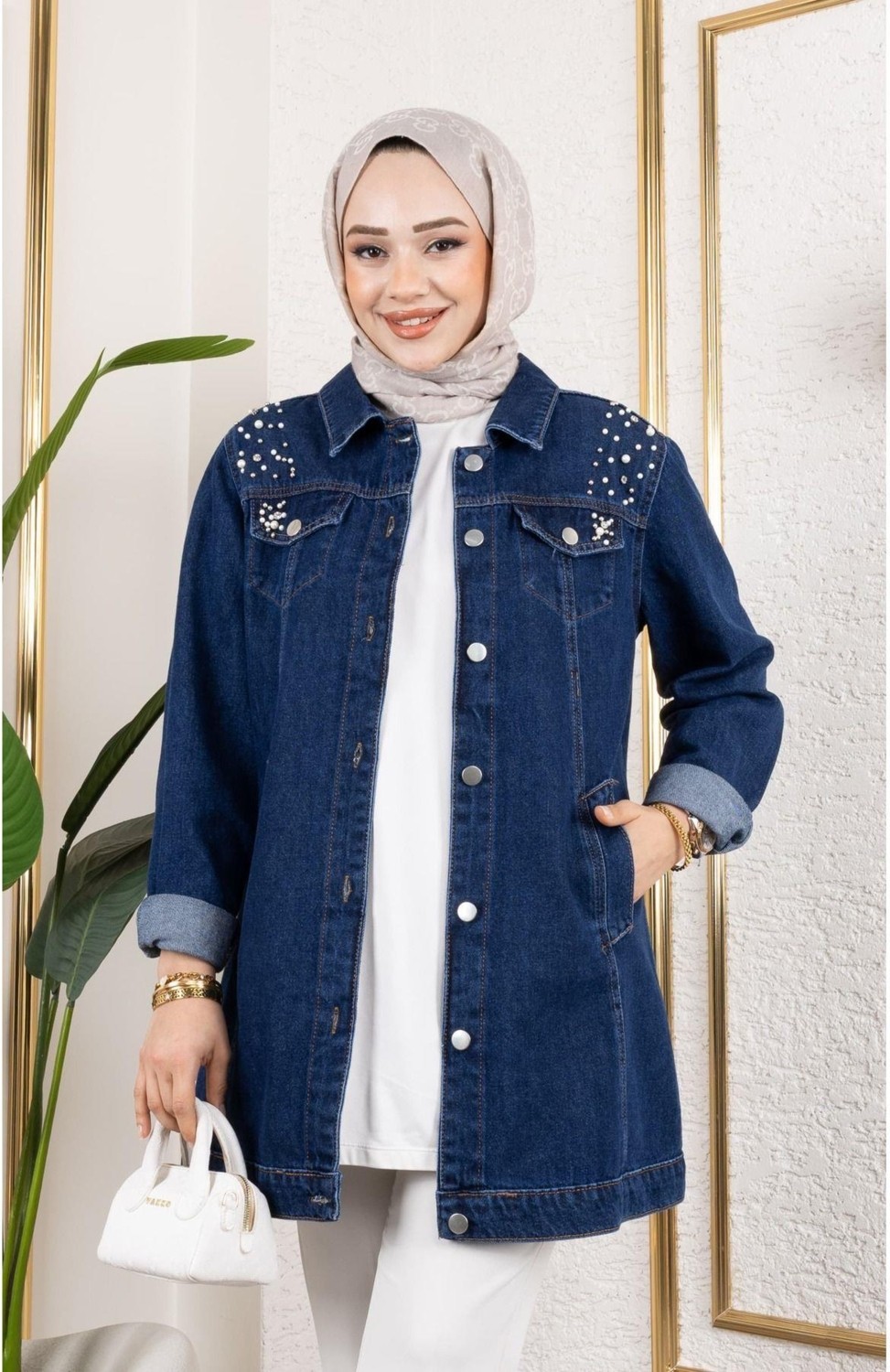 Harma Time Butik Kadın Boncuk Işlemeli Denim Kot Mavi Ceket