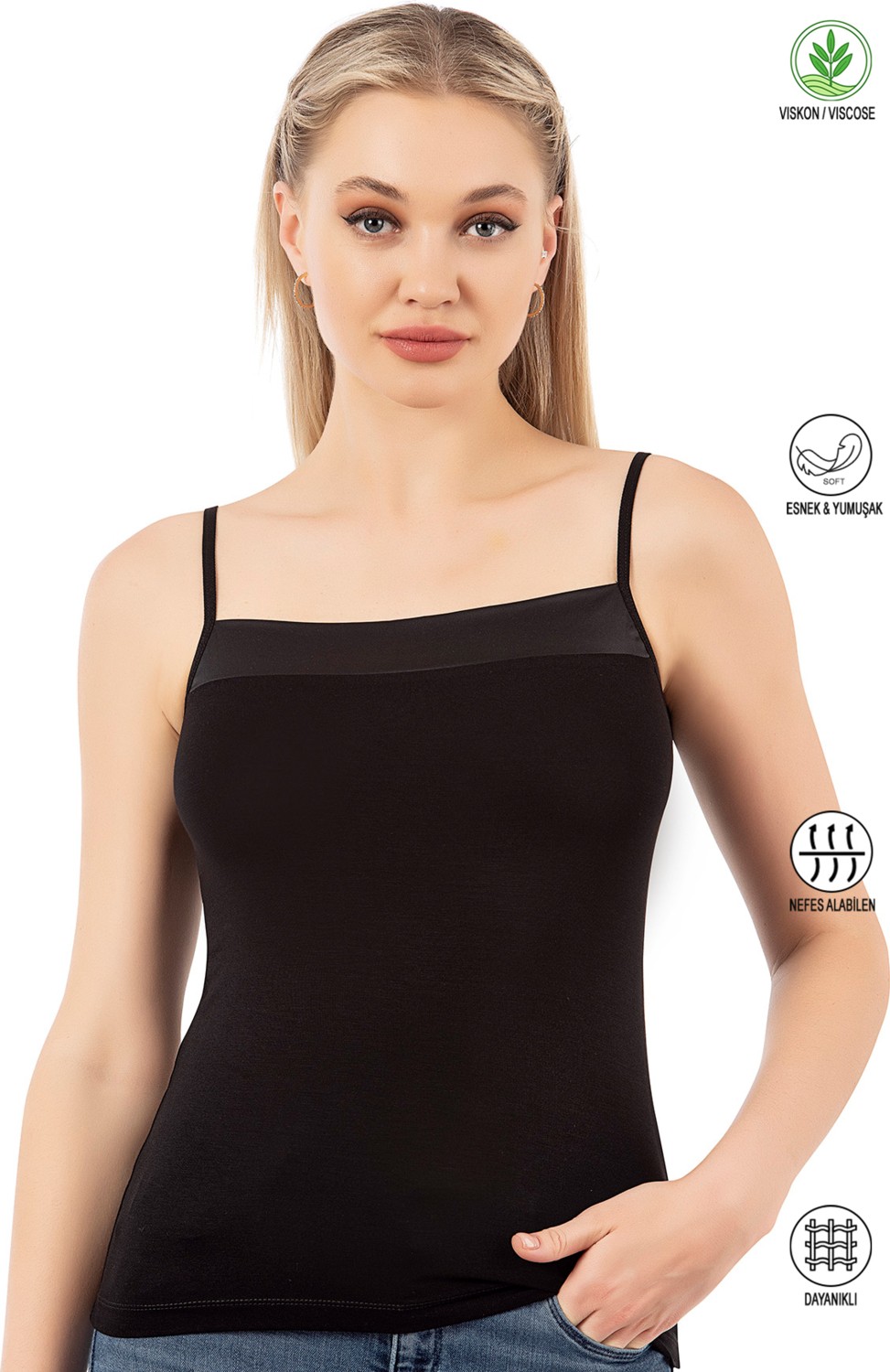 Özkan Underwear 2041 3'lü Paket Kadın Viskon Karışık Renk Yakası Saten Detaylı Esnek Yumuşak Ince Askılı Atlet