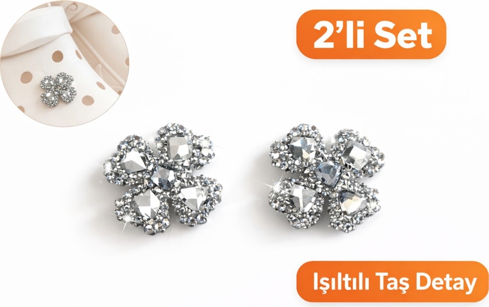 Josellini Çiçek Form Taşlı Terlik Süsü 2’li Set Kahverengi Füme Açık Gri Renk Seçenekli