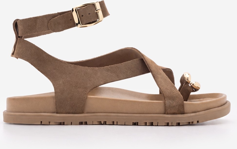 Marjin Kadın Hakiki Deri Yüzük Detaylı Parmak Arası Günlük Sandalet Rolise Camel Süet görsel 3