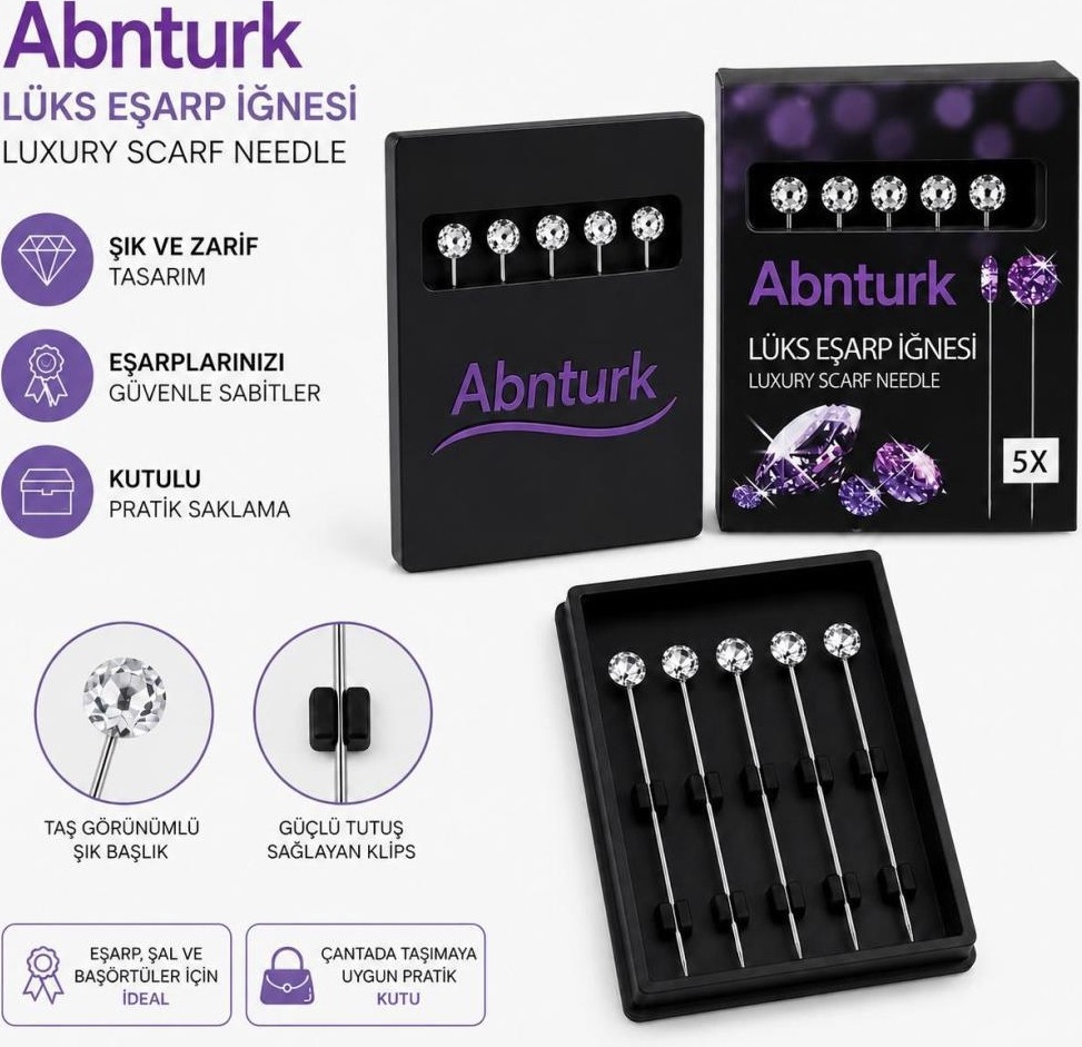 Abnturk 5 Adet Lüks Şık 38MM Beyaz Taşlı Eşarp Iğnesi-Şal ve Başörtü Sabitleme Kutulu Iğne Seti