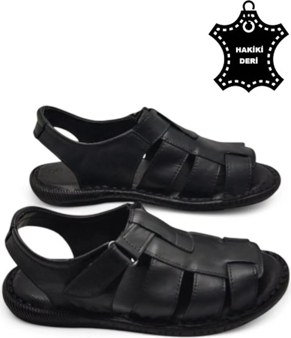 Magic Shoes Siyah Hakiki Deri Ortopedik Erkek Sandalet Cırtlı Bağlama ile Günlük Rahatlık Sunar görsel 3