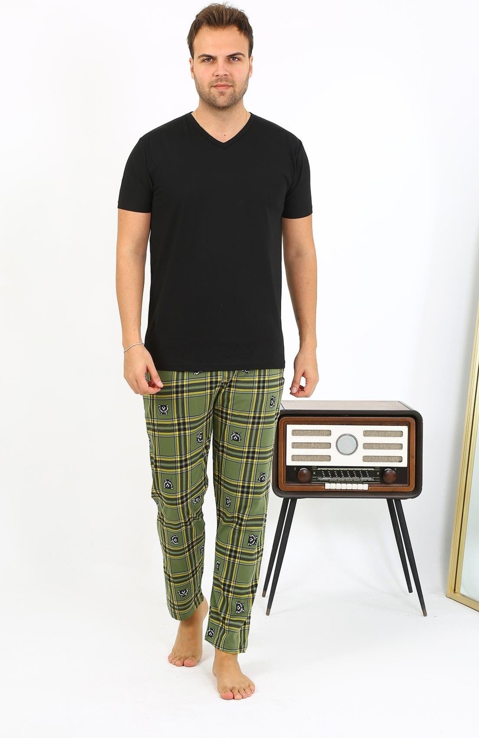 Akbeniz Erkek Ekoseli Desen Penye Tek Alt Pijama 27540 Haki görsel 2