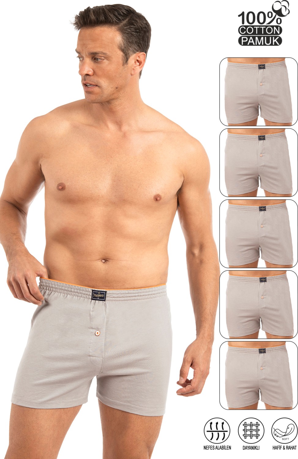 Özkan Underwear Özkan 0041 5'li Paket Erkek %100 Pamuklu Şardonlu Klasik Rahat Kesim Havlu Bel Süprem Penye Boxer