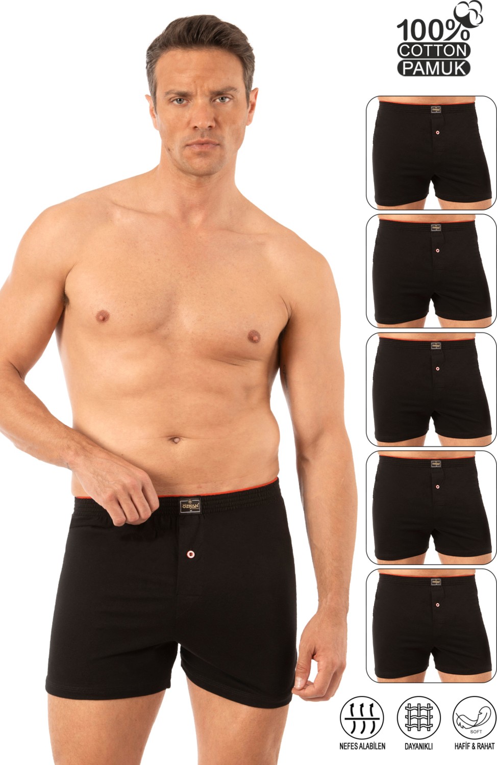 Özkan Underwear Özkan 0041 5'li Paket Erkek %100 Pamuklu Şardonlu Klasik Rahat Kesim Havlu Bel Süprem Penye Boxer