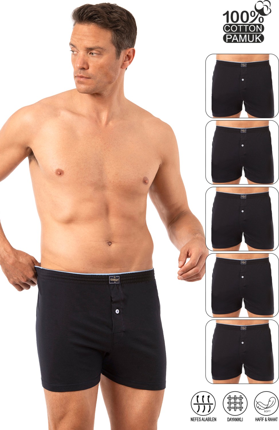 Özkan Underwear Özkan 0041 5'li Paket Erkek %100 Pamuklu Şardonlu Klasik Rahat Kesim Havlu Bel Süprem Penye Boxer