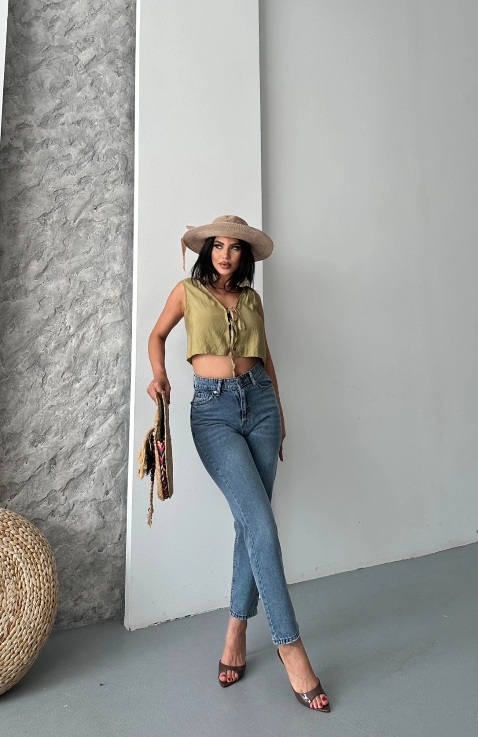 OEY Fashions Mom Fit Bıyık Kar Yıkama Jeans Pantolon Koyu Mavi D2006 görsel 4