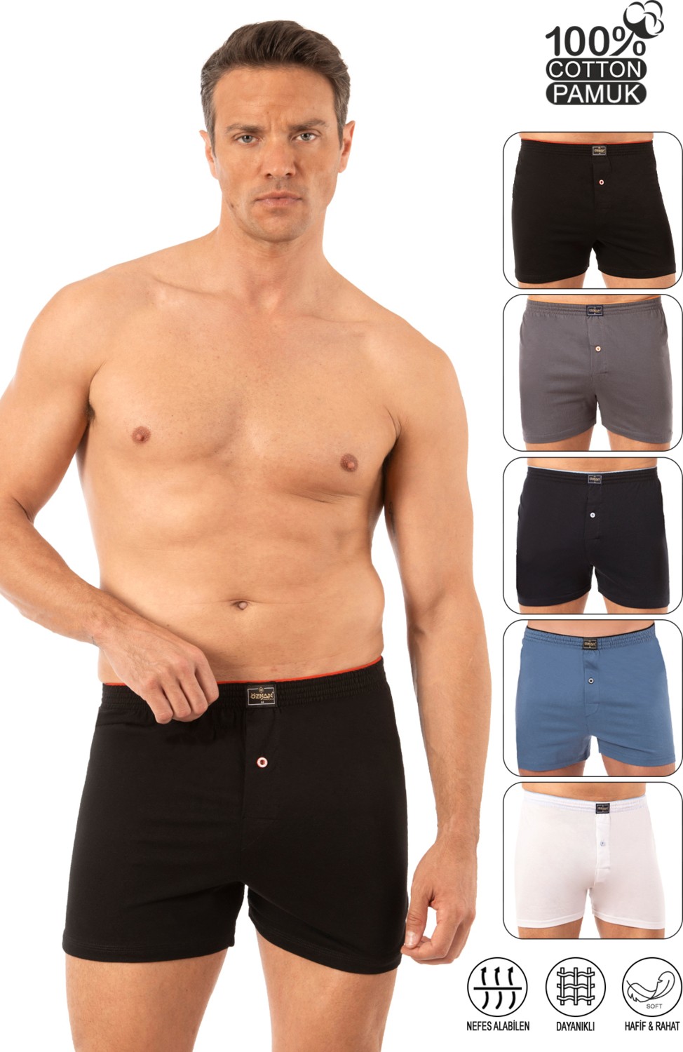Özkan Underwear Özkan 0041 5'li Paket Erkek %100 Pamuklu Şardonlu Klasik Rahat Kesim Havlu Bel Süprem Penye Boxer