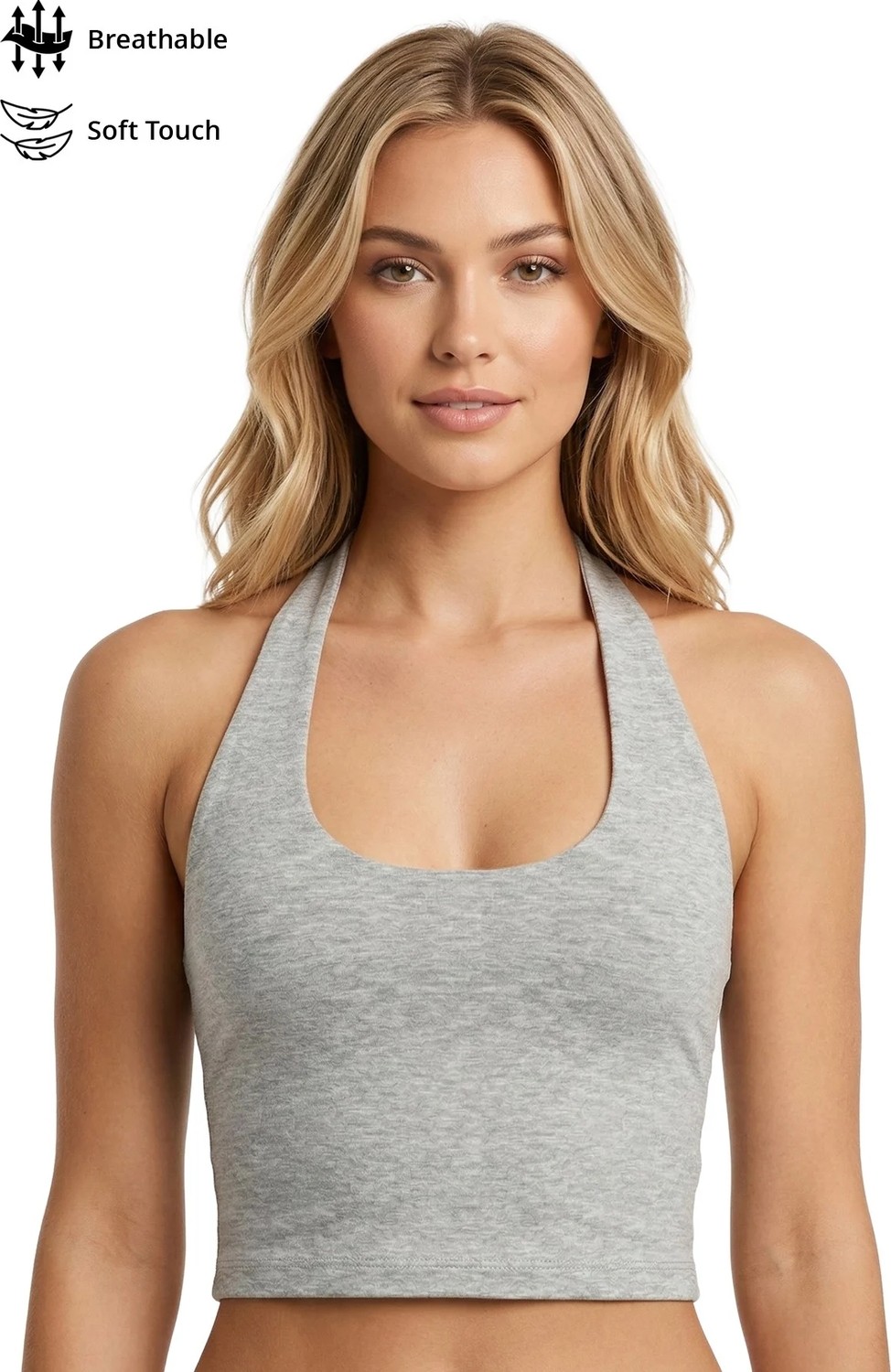 Cottonhill Gri Melanj Viskon Halter Yaka Sırt Dekolteli Kadın Crop Atlet