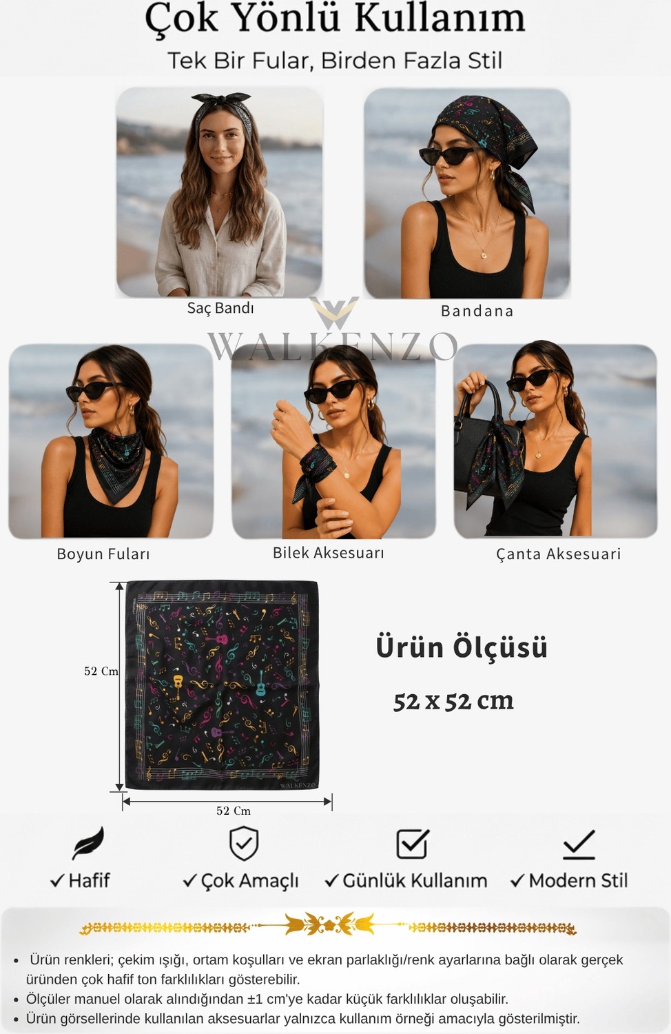 Walkenzo Nota ve Gitar Desenli %100 Pamuklu Çok Amaçlı Bandana Fular görsel 7