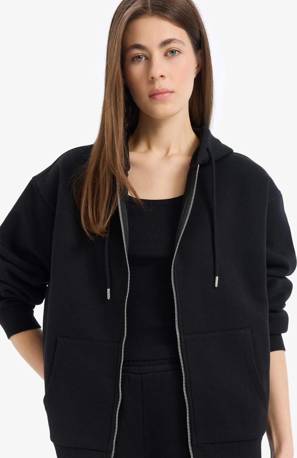 DeFacto Siyah Okula Dönüş Relax Fit Kapüşonlu Kalın Basic Düz Cepli Fermuarlı Sweatshirt D8717AX24WN görsel 4