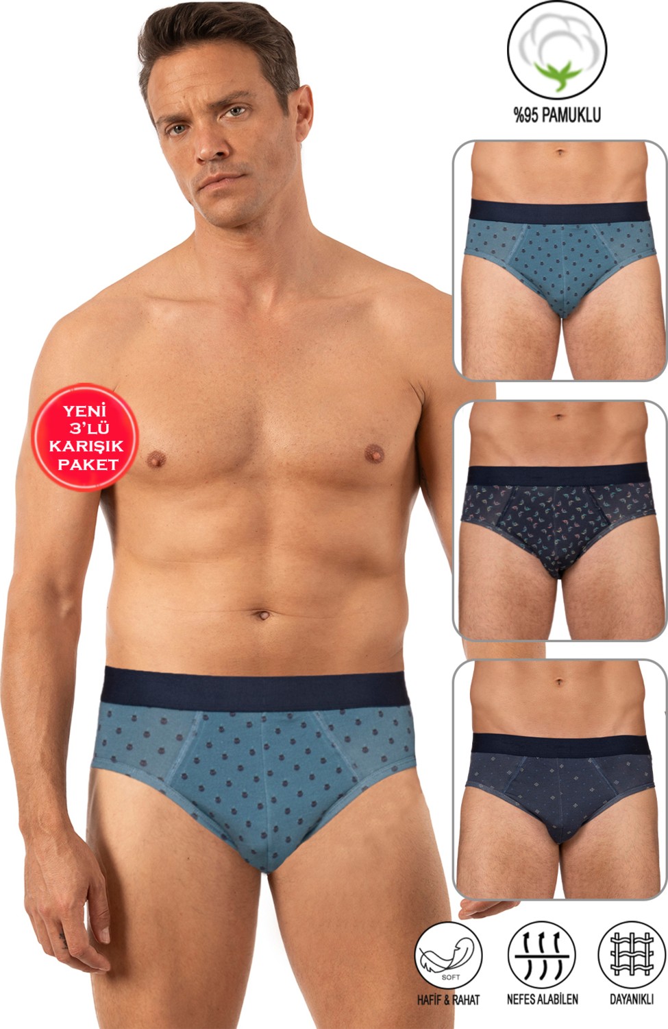 Özkan Underwear Özkan 11302 3'lü Paket Erkek %95 Pamuklu Likralı Süprem Kumaş Desenli Esnek Rahat Slip Külot