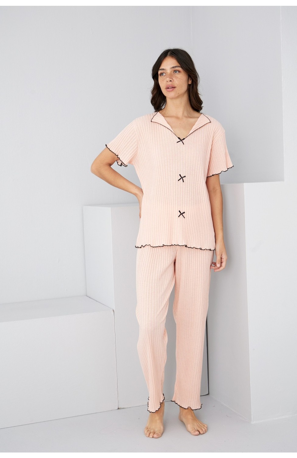 Siyah İnci Saks Mevsimlik Ince Fiyonklu Pijama TAKIM7879 görsel 5