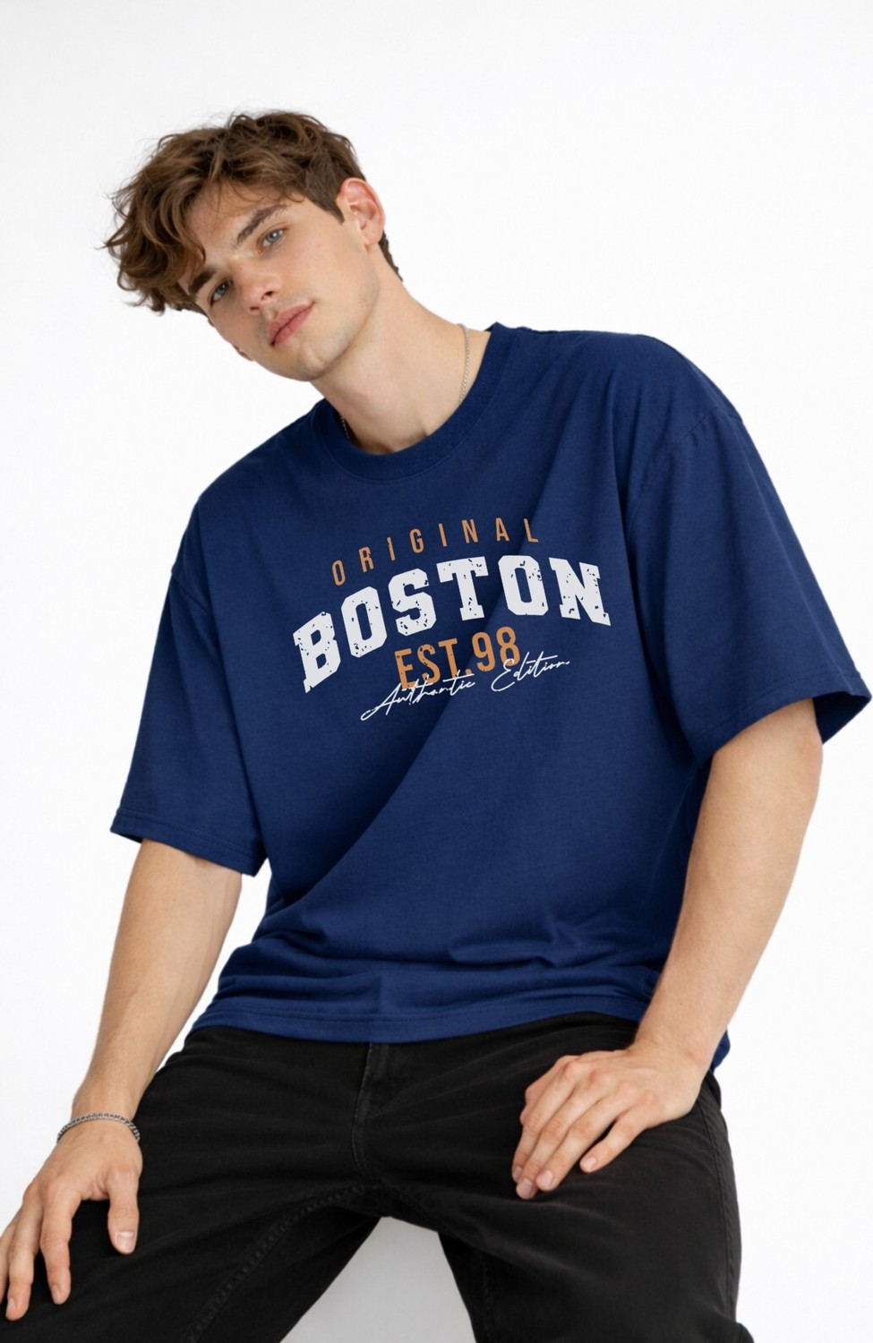 TeknoKapsül Boston - Baskılı Oversize Tişört Lacıvert