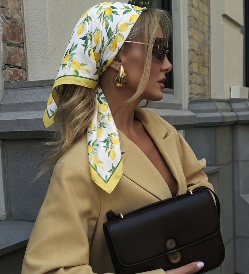 Revam Collection Limon Desenli Fular Bandana Şal Çok Renkli Pamuk Saten Kumaş ile Günlük Kullanım