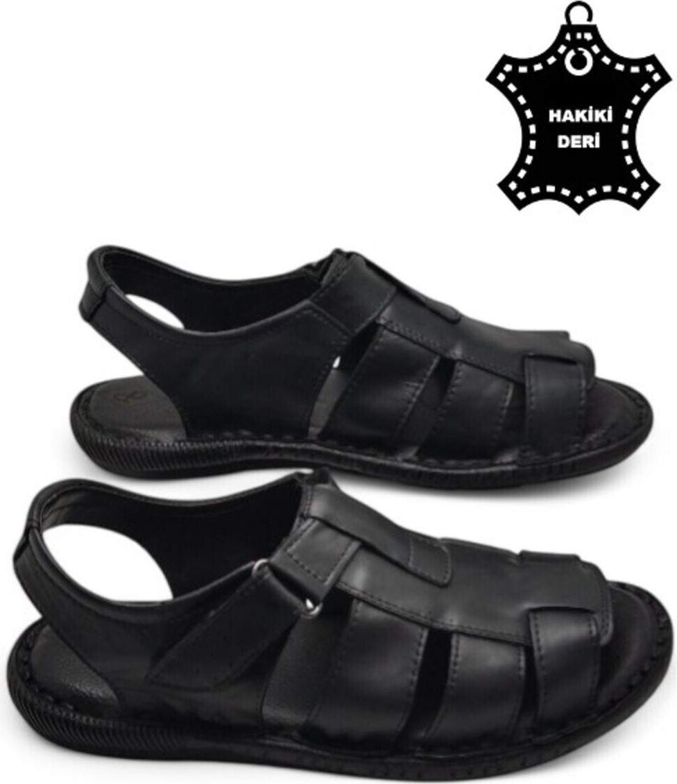 Magic Shoes Siyah Hakiki Deri Ortopedik Erkek Sandalet Cırtlı Bağlama ile Günlük Rahatlık Sunar görsel 7