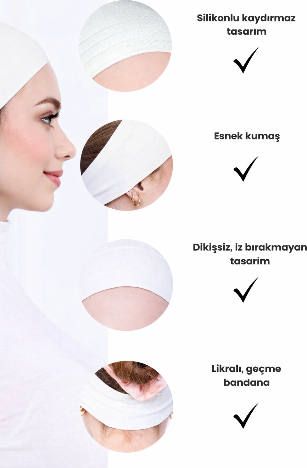 Alivascarf 2 Adet Bandana Şeklinde Bone Siyah Ekru - Kadın Tesettür Dikişsiz Geçme Iç Bone - Spor Saç Bandı görsel 6