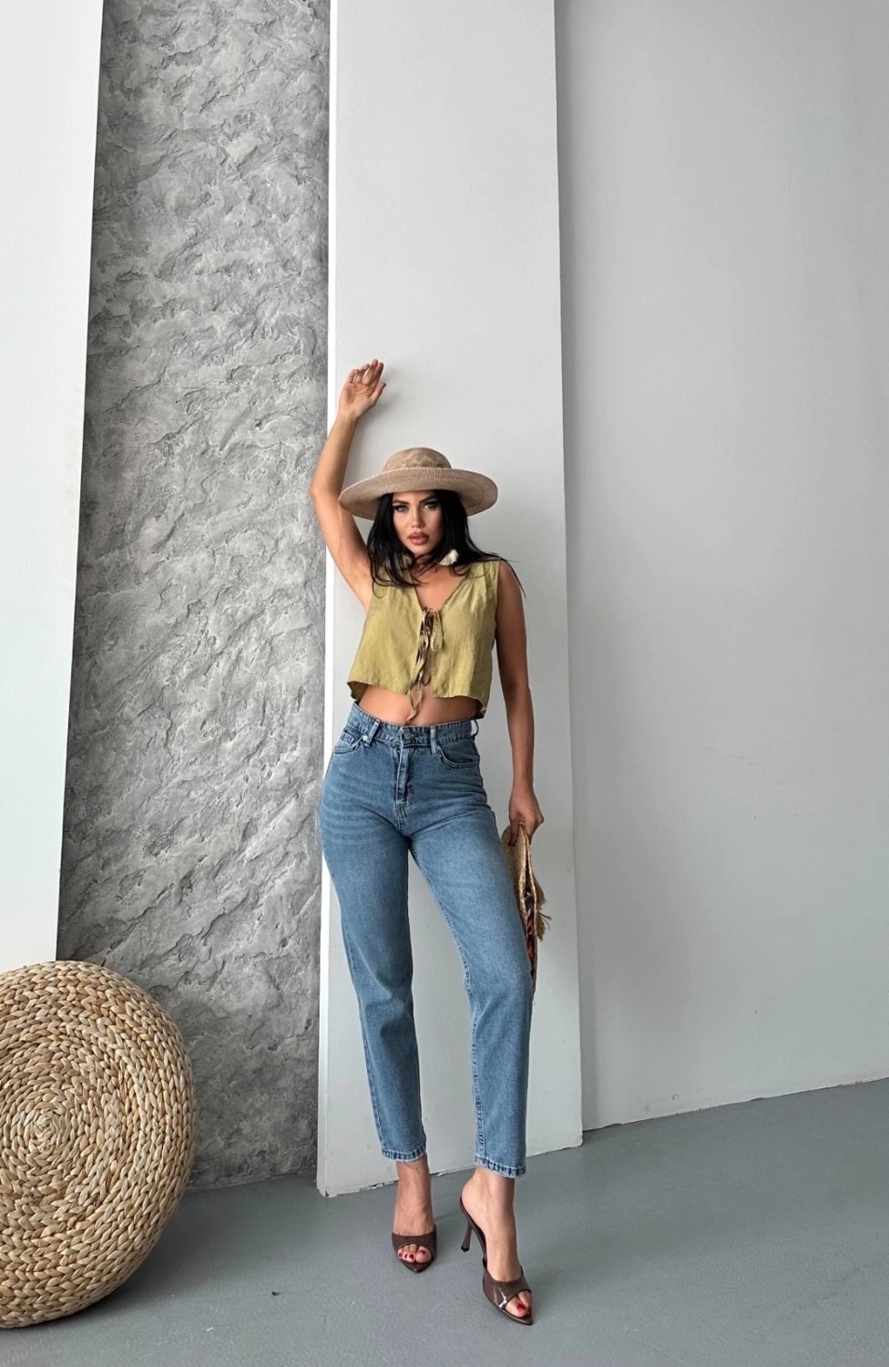 OEY Fashions Mom Fit Bıyık Kar Yıkama Jeans Pantolon Koyu Mavi D2006