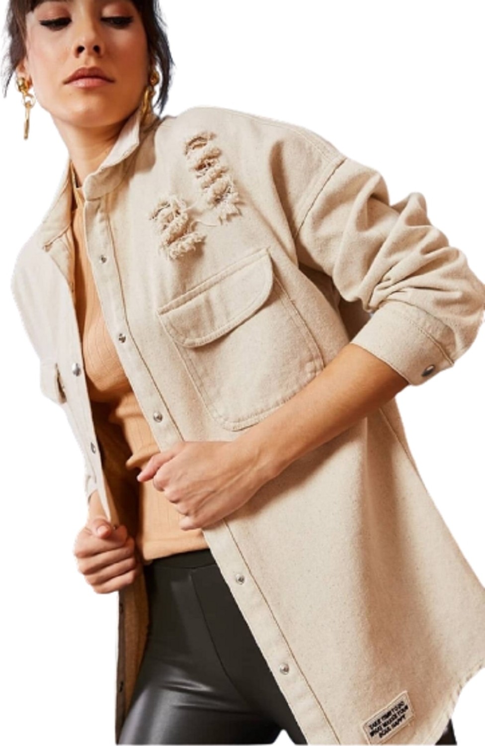Esb Design Kadın Bej Armalı Boyfriend Oversize Eskitmeli Denim Jeans Kot Ceket görsel 4