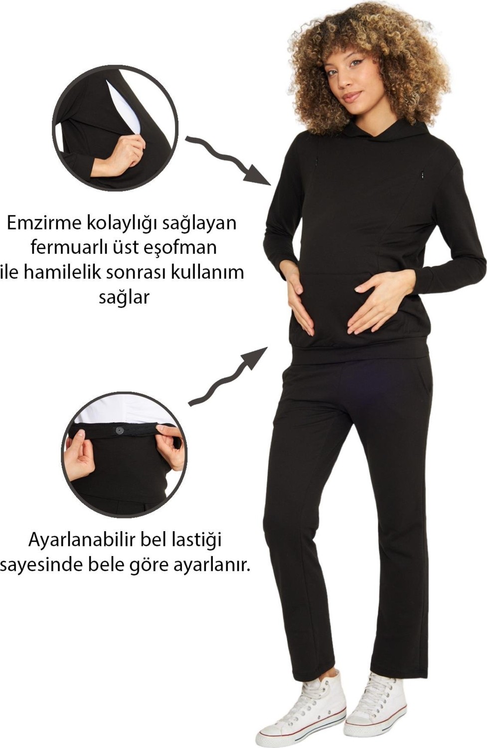Luvmabelly MYRA8700 Siyah Hamile ve Emzirme Eşofman Takımı Yüksek Bel Pamuklu Rahat Tasarım