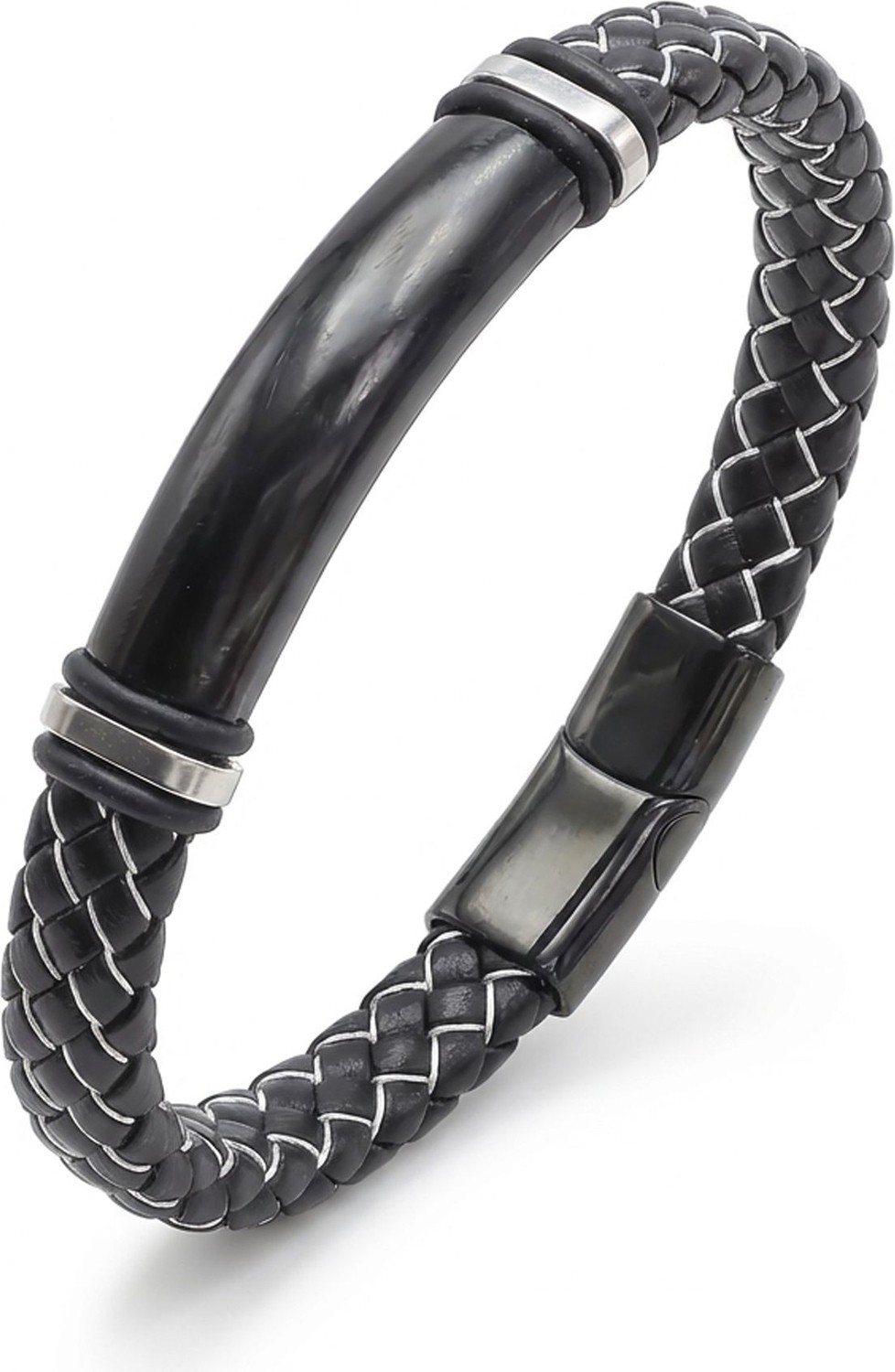 Fm 💎 Premium İsim Yazılabilir Siyah Beyaz Deri Ve Siyah Titanyum Kilit Bileklik 31833B15D9 - 21 cm görsel 5