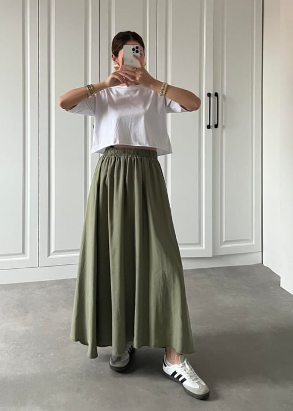 Moda Ulu Çift Cepli Beli Lastikli İç Göstermez Uzun Etek Poplin Kumaş (90) cm