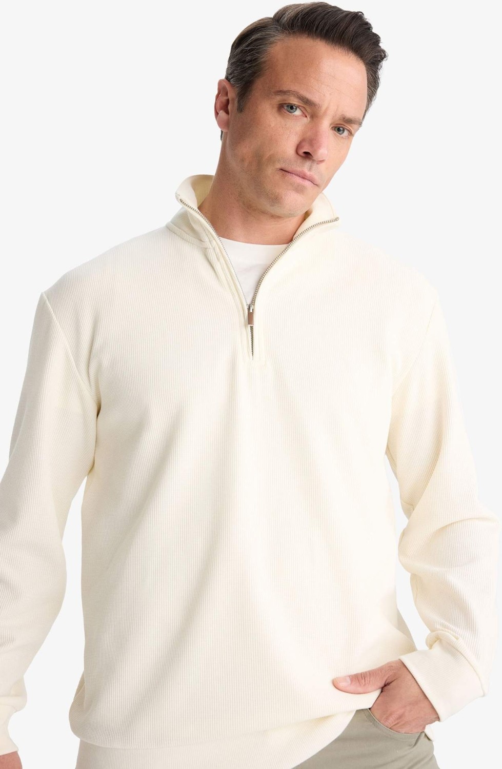DeFacto Comfort Fit Dik Yaka Dokulu Yarım Fermuarlı Waffle Sweatshirt D7543AX25SP