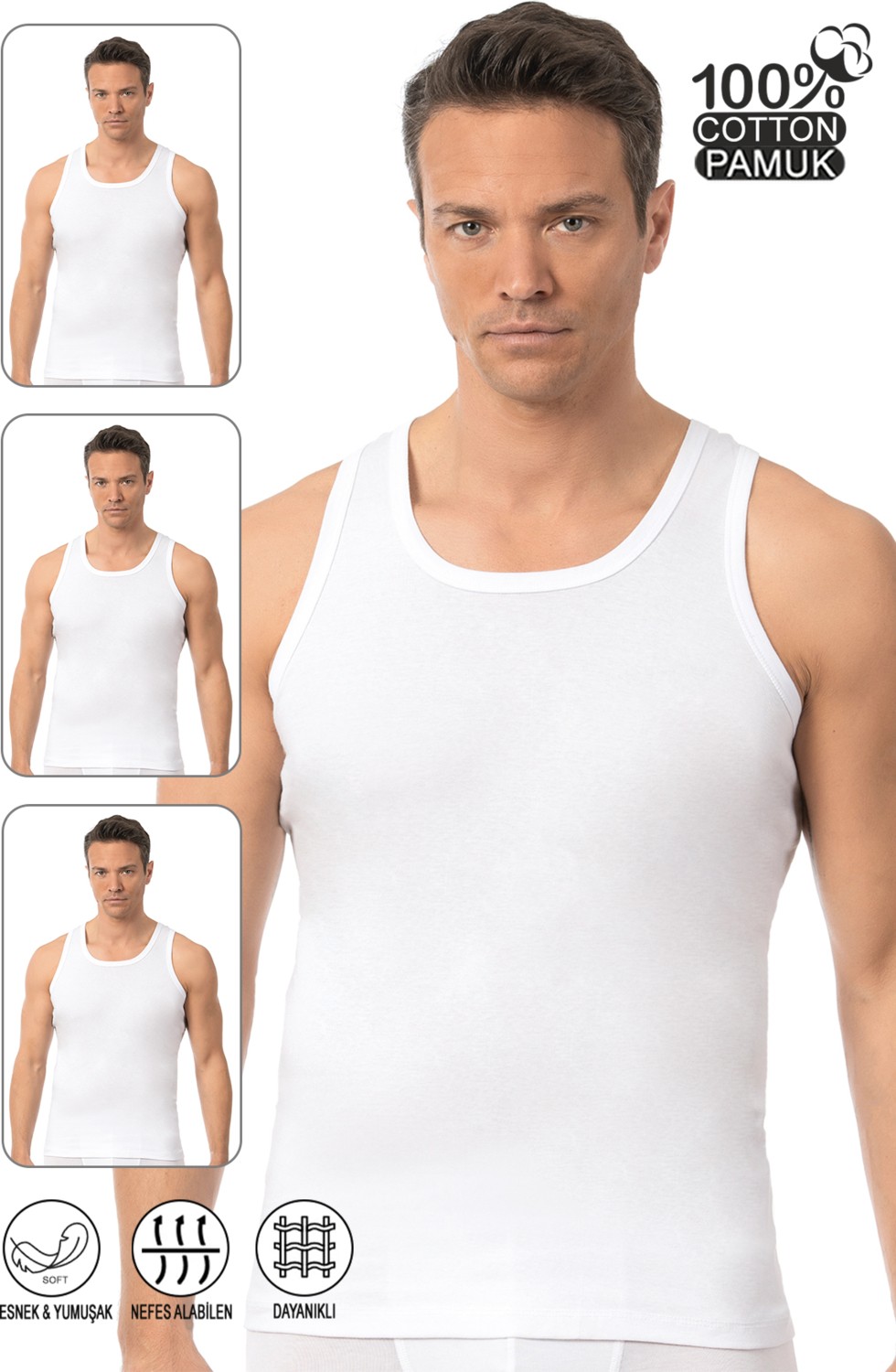 Özkan Underwear 0113 3'lü Paket Erkek Kalın Askılı Pamuklu Esnek Yumuşak Ribana Atlet