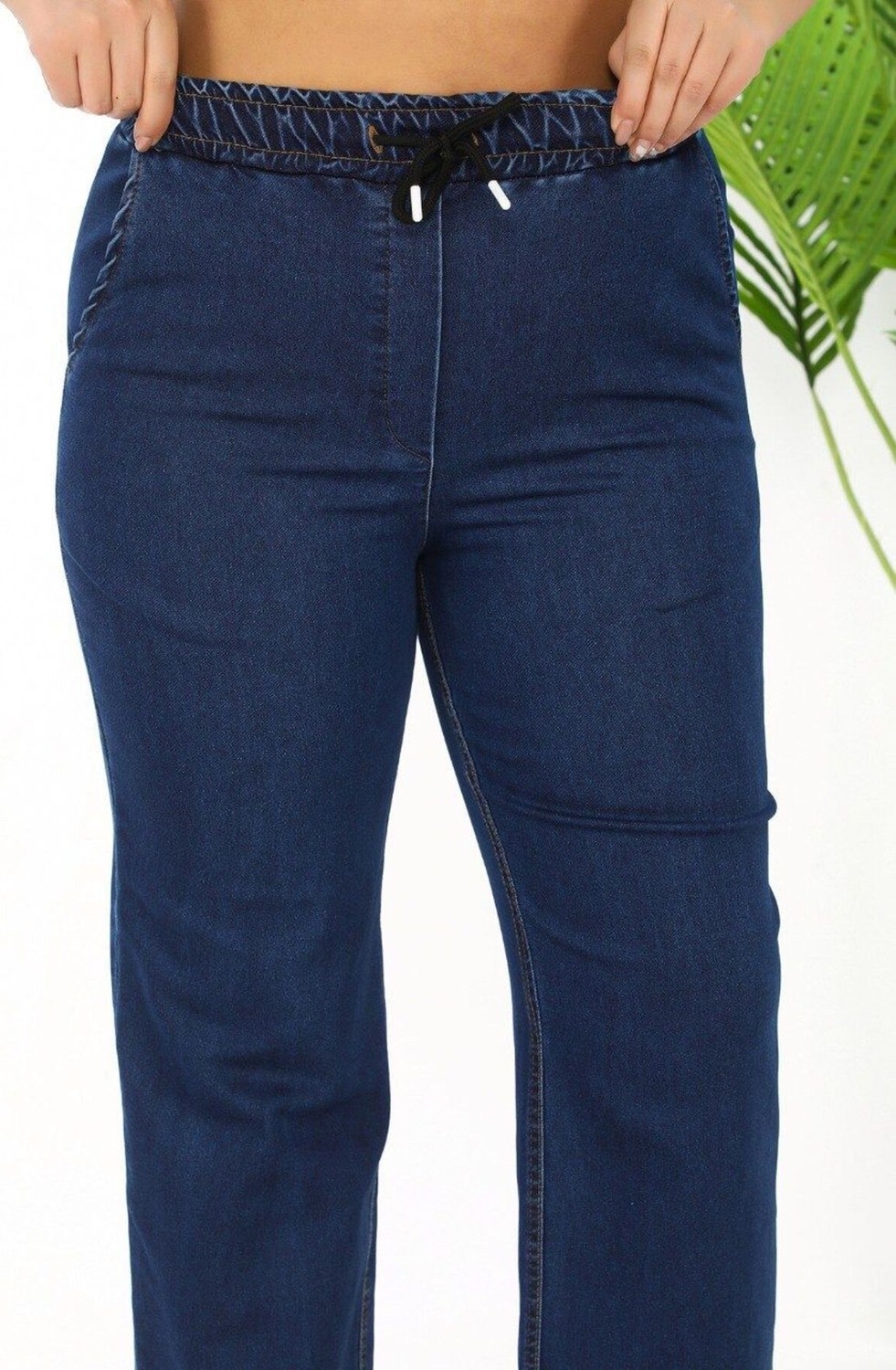 Gül Moda Beli Lastikli Bol Paça Kadın Kot Pantolon Likralı Pamuklu Lacivert G115-1 görsel 7