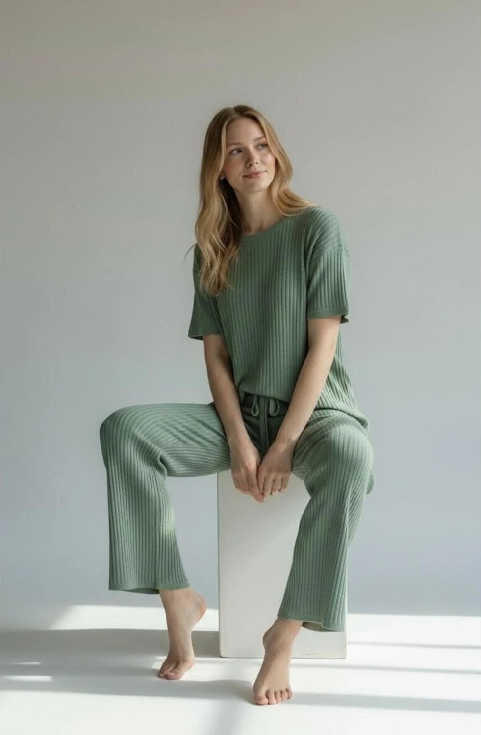 Belirtilmemiş Kadın Kaşkorse Pijama Takımı Kısa Kollu Rahat Esnek Ev Giyimi görsel 7