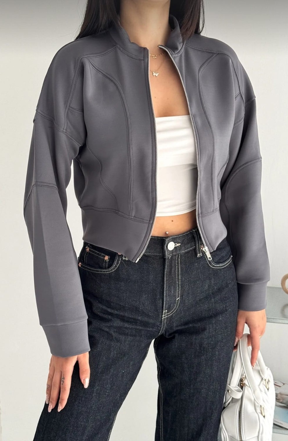 Budan Export Kadın Dik Yaka Fermuarlı Crop Kısa Scuba Dalgıç Kumaş Bomber Ceket