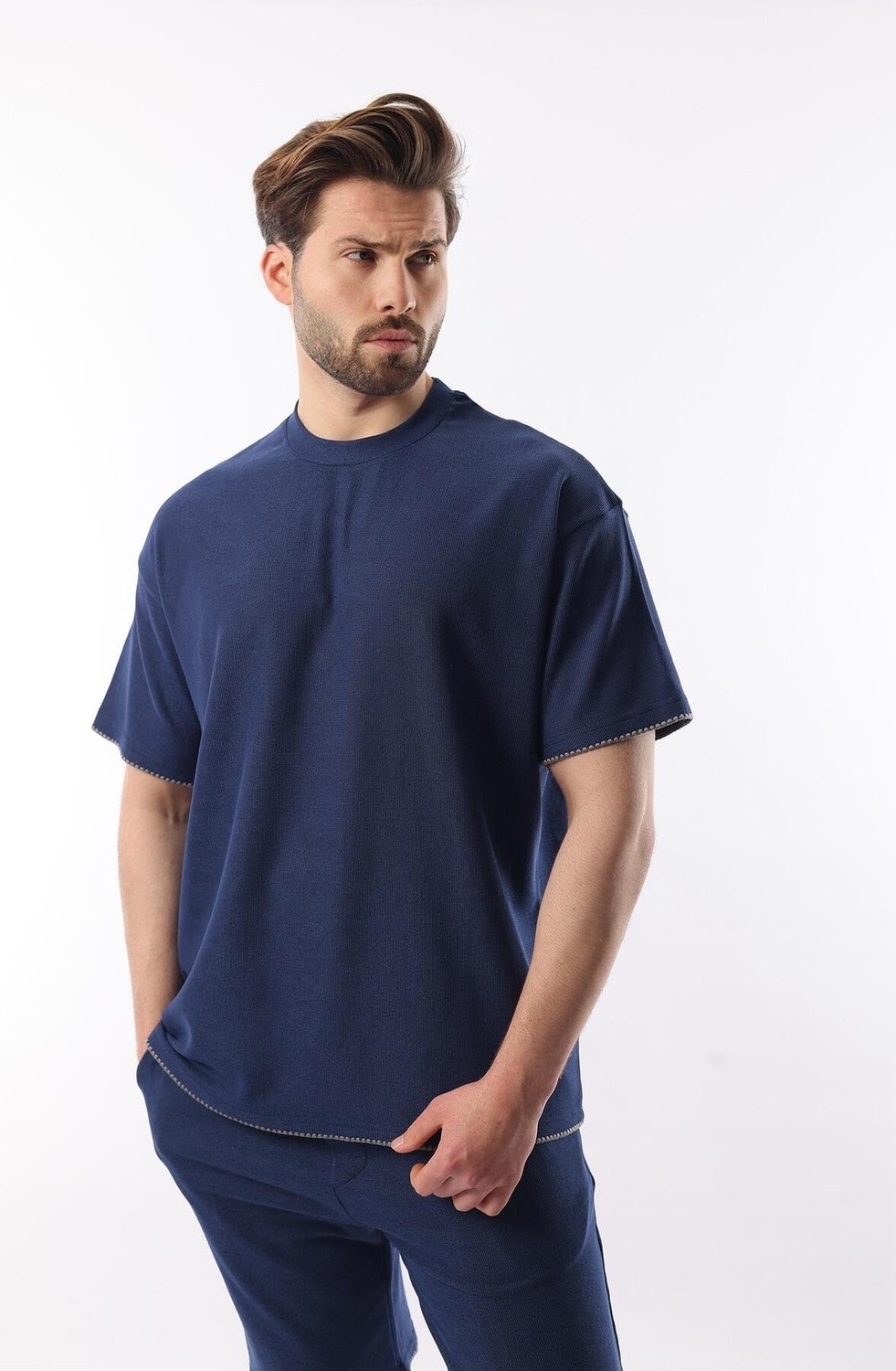 Die Grup Madmext Lacivert Nakış Detaylı Erkek Şort T-Shirt Takım E7305,LACIVERT S görsel 3