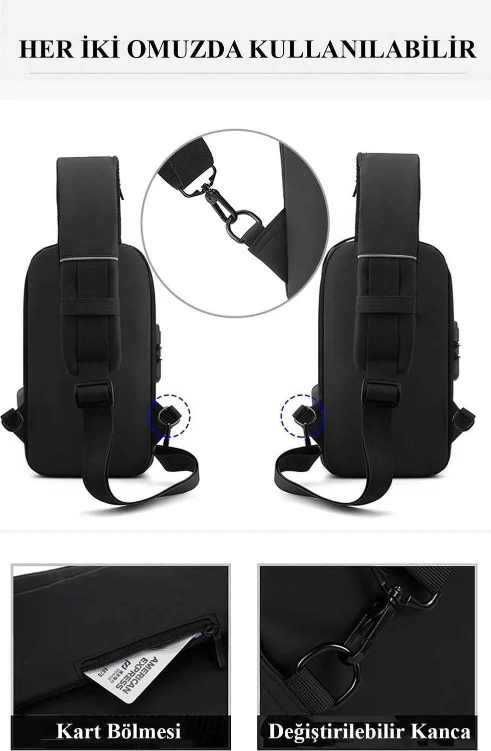 Die Grup Unisex Siyah USB Çıkışlı Anti Hırsız Kilitli Suya Dayanıklı Çapraz Göğüs Omuz ve Bel Çanta görsel 4