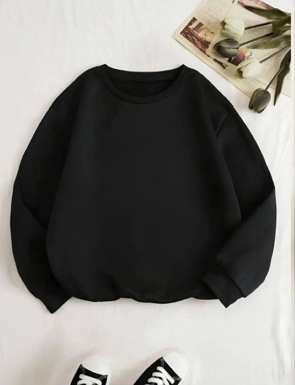 Tarz Yeri Kadın 3 Iplik Pamuklu Bisikilet Yaka Sweatshirt - Siyah