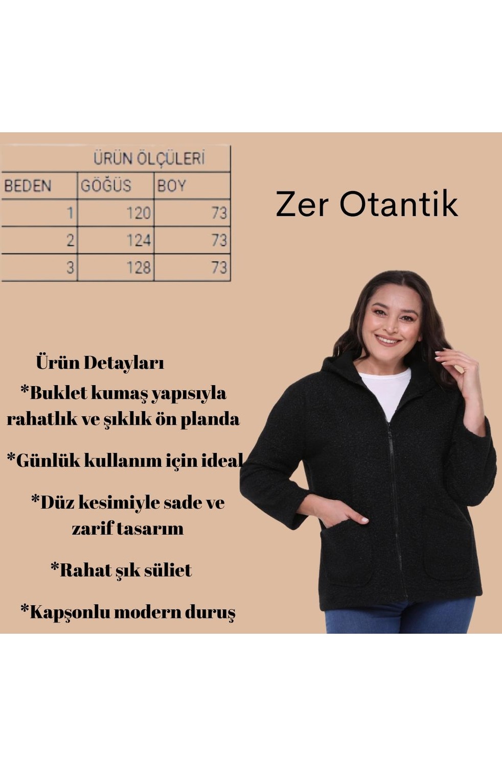 Zer Otantik Kapüşonlu Buklet Büyük Beden Kısa Mont Hardal görsel 2