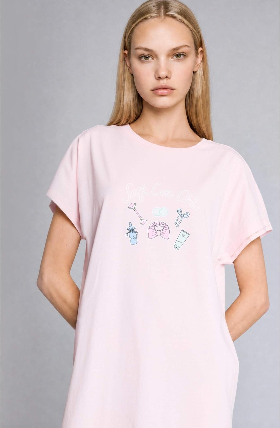 DeFacto %100 Pamuk Regular Fit Bisiklet Yaka Kısa Kollu Açık Pembe Gecelik H6940AX26SM görsel 3