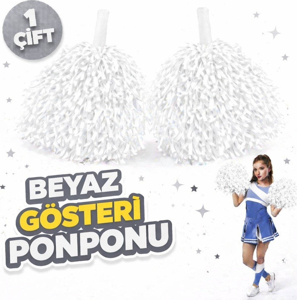 Die Grup 1 Çift ( 2 Adet ) Beyaz Renk 23 Nisan 19 Mayıs 29 Ekim Okul Gösteri Ponponları Ekstra Dolgun
