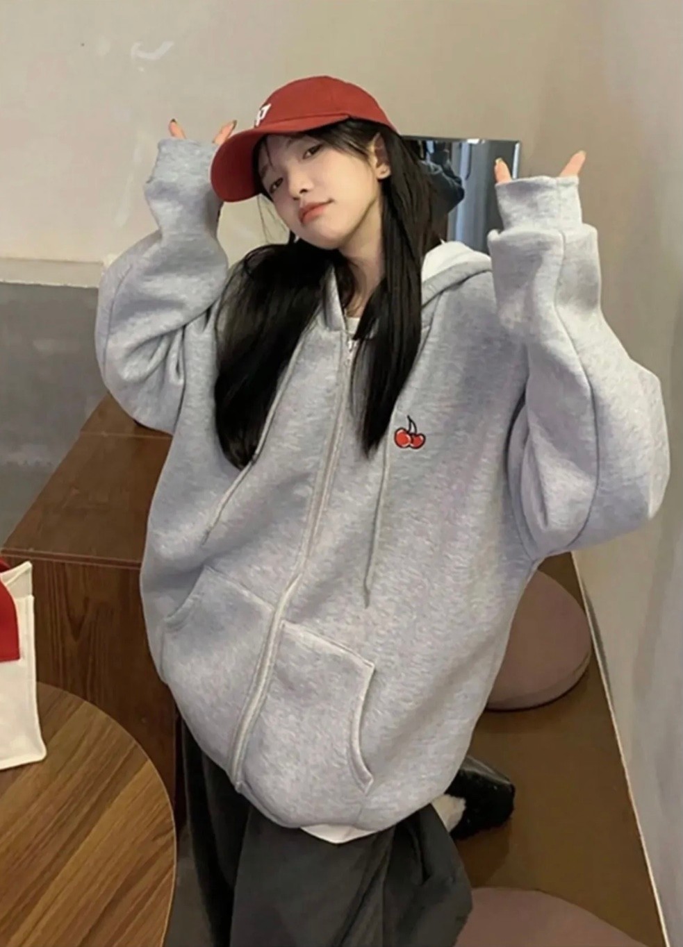 Amor Face Büyük Beden Özel Tasarım Kapüşonlu Çift Kiraz Baskılı Süper Oversize Battal Kadın Sweatshırt görsel 2