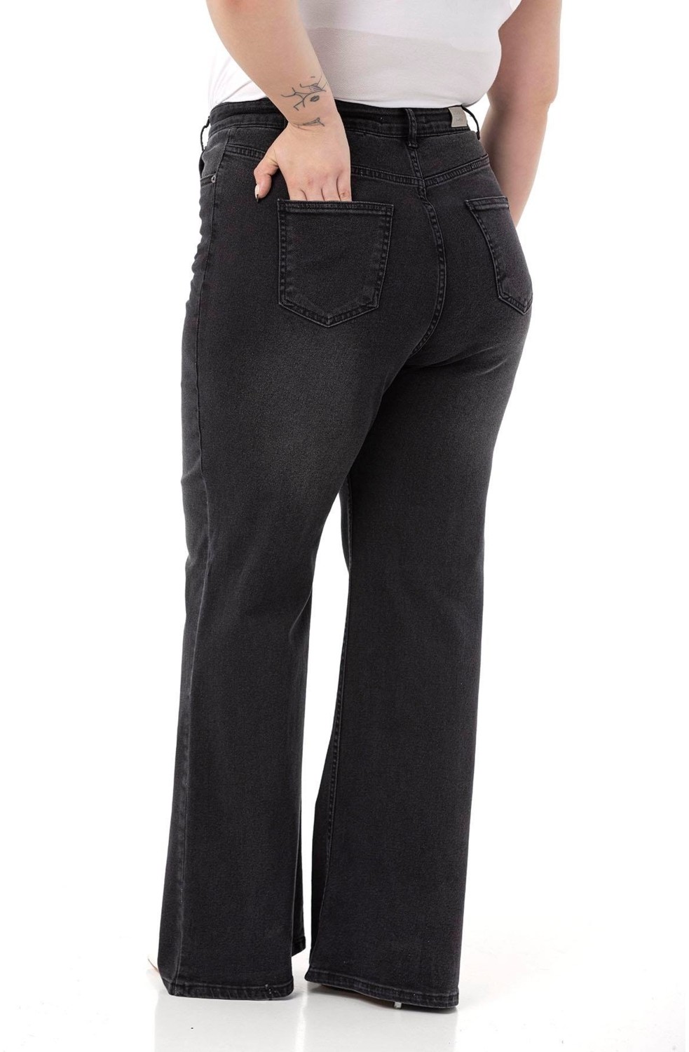 Disentis Modest Büyük Beden Önü Kraşlı Yüksek Bel Ispanyol Paça Antrasit Denim Pantolon görsel 3