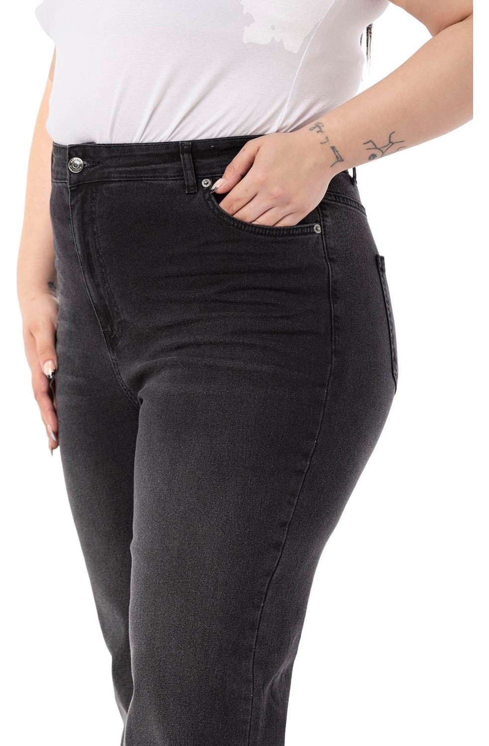 Disentis Modest Büyük Beden Önü Kraşlı Yüksek Bel Ispanyol Paça Antrasit Denim Pantolon görsel 4