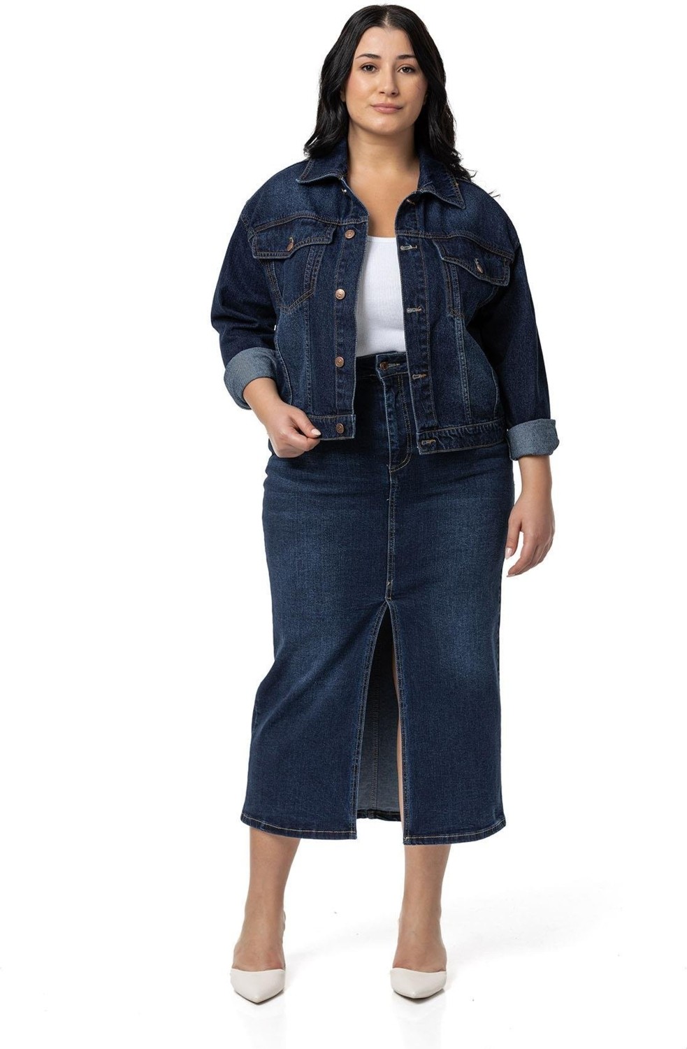 Disentis Modest Büyük Beden Önden Yırtmaç Detaylı Beş Cepli Midi Denim Lacivert Etek