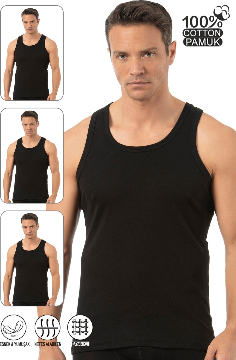 Özkan Underwear 0113 3'lü Paket Erkek Kalın Askılı Pamuklu Esnek Yumuşak Ribana Atlet görsel 6
