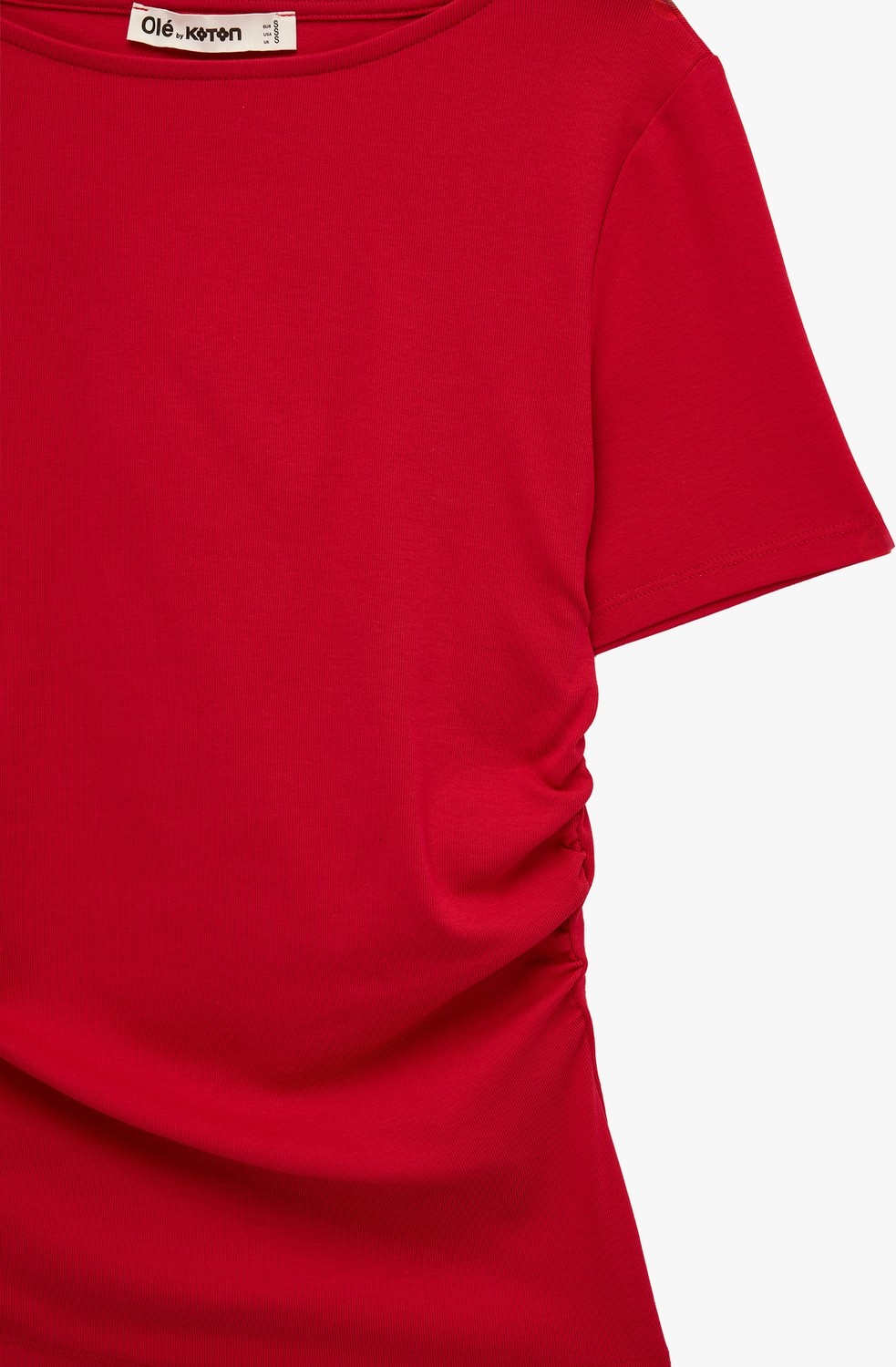Koton Kayık Yaka Kısa Kollu Slim Fit Pamuklu Büzgülü Tişört görsel 5