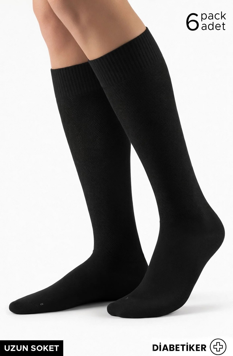 Mısırlı Unisex Bambu 6 Çift Diabetiker Lastiksiz Uzun Soket Çorap Siyah