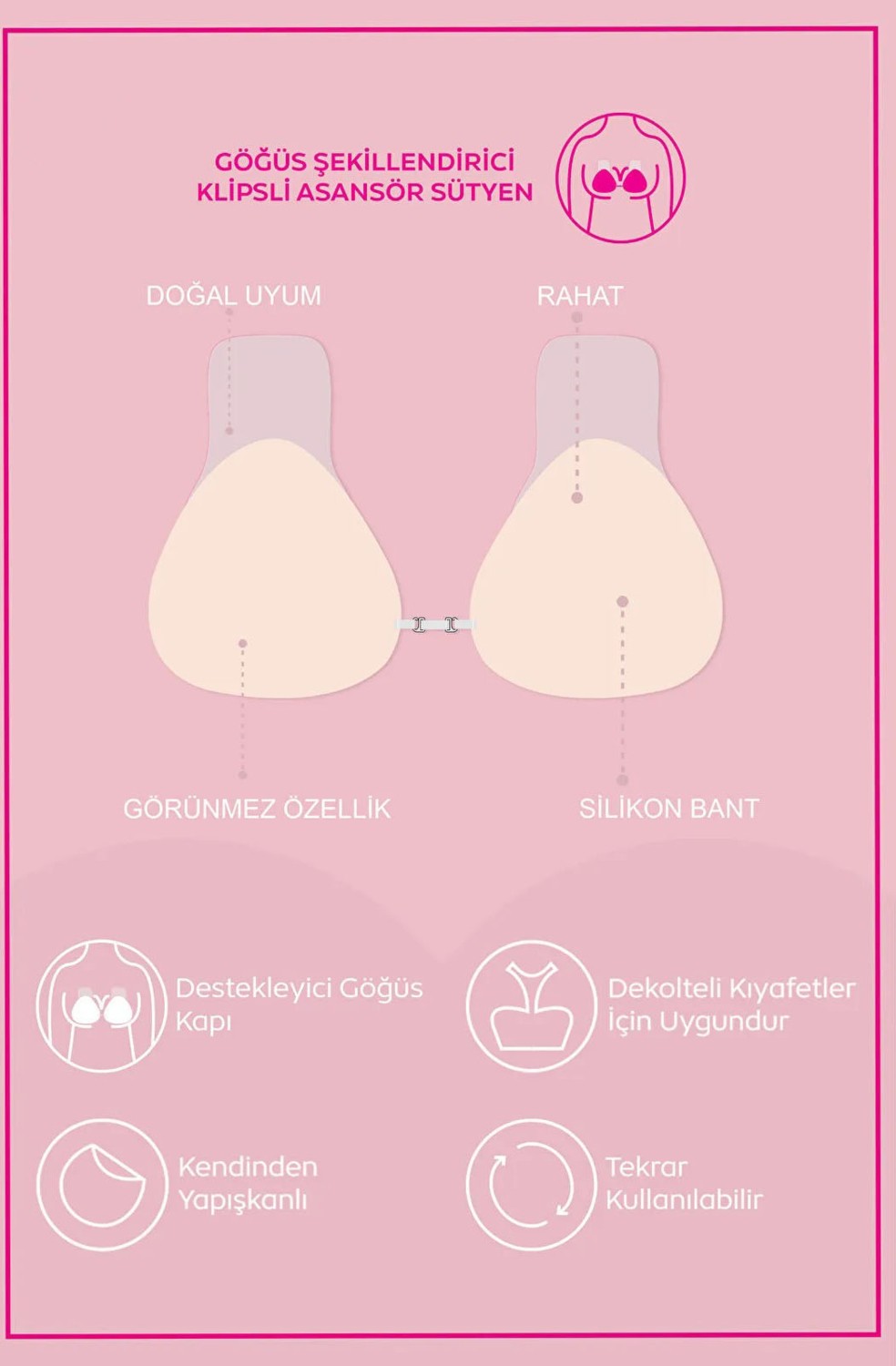 Femline Yapışkanlı Silikon Asansör Sütyen - Push Up - Klipsli - Görünmez Dikleştirici görsel 5
